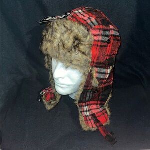 NWT Pink & black Trooper Plaid Bomber faux fur Aviator Hat one size unisex